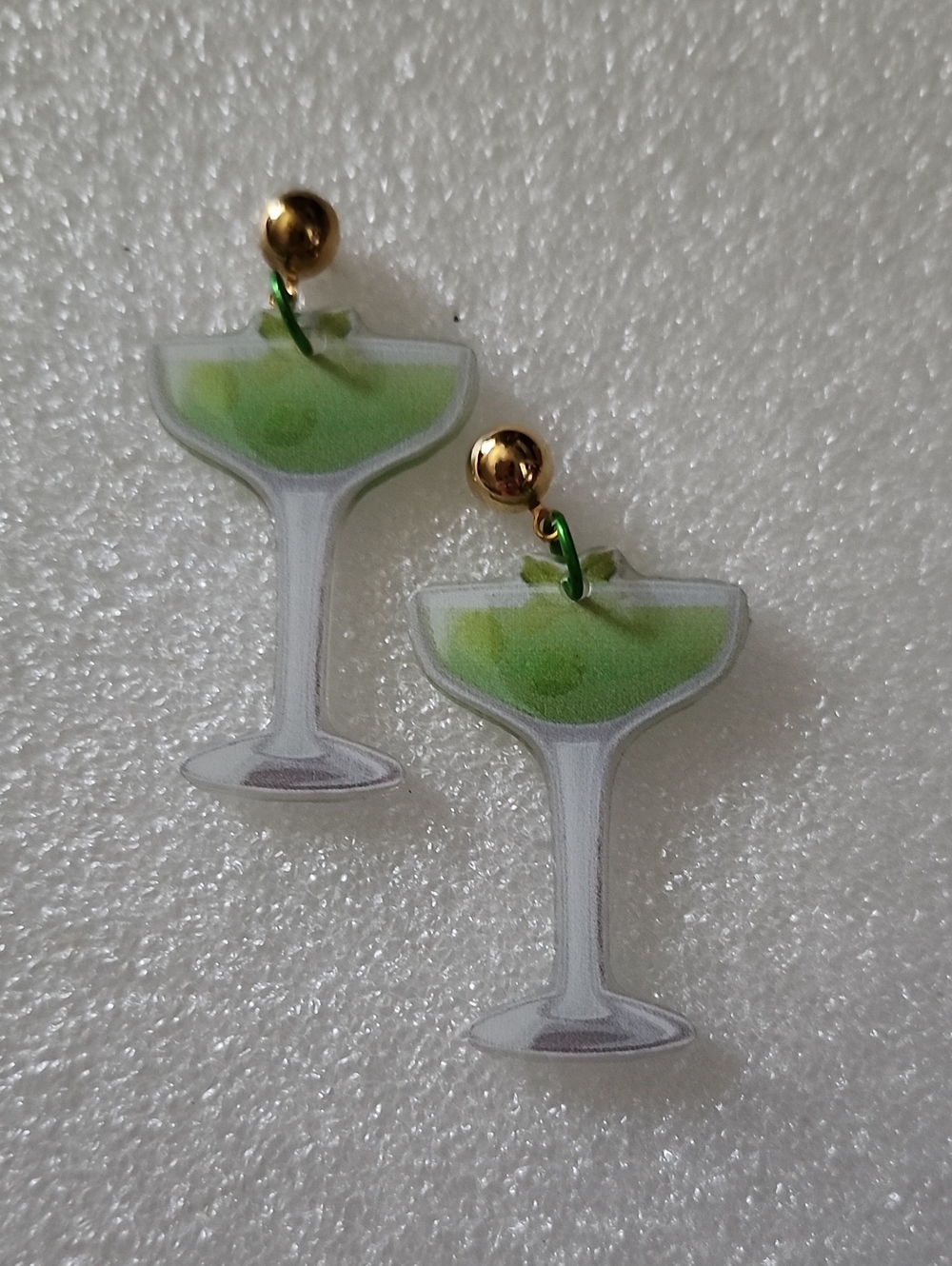 Hand Crafted Lime Green Martini Glass Earrings with Gold Ball Studs